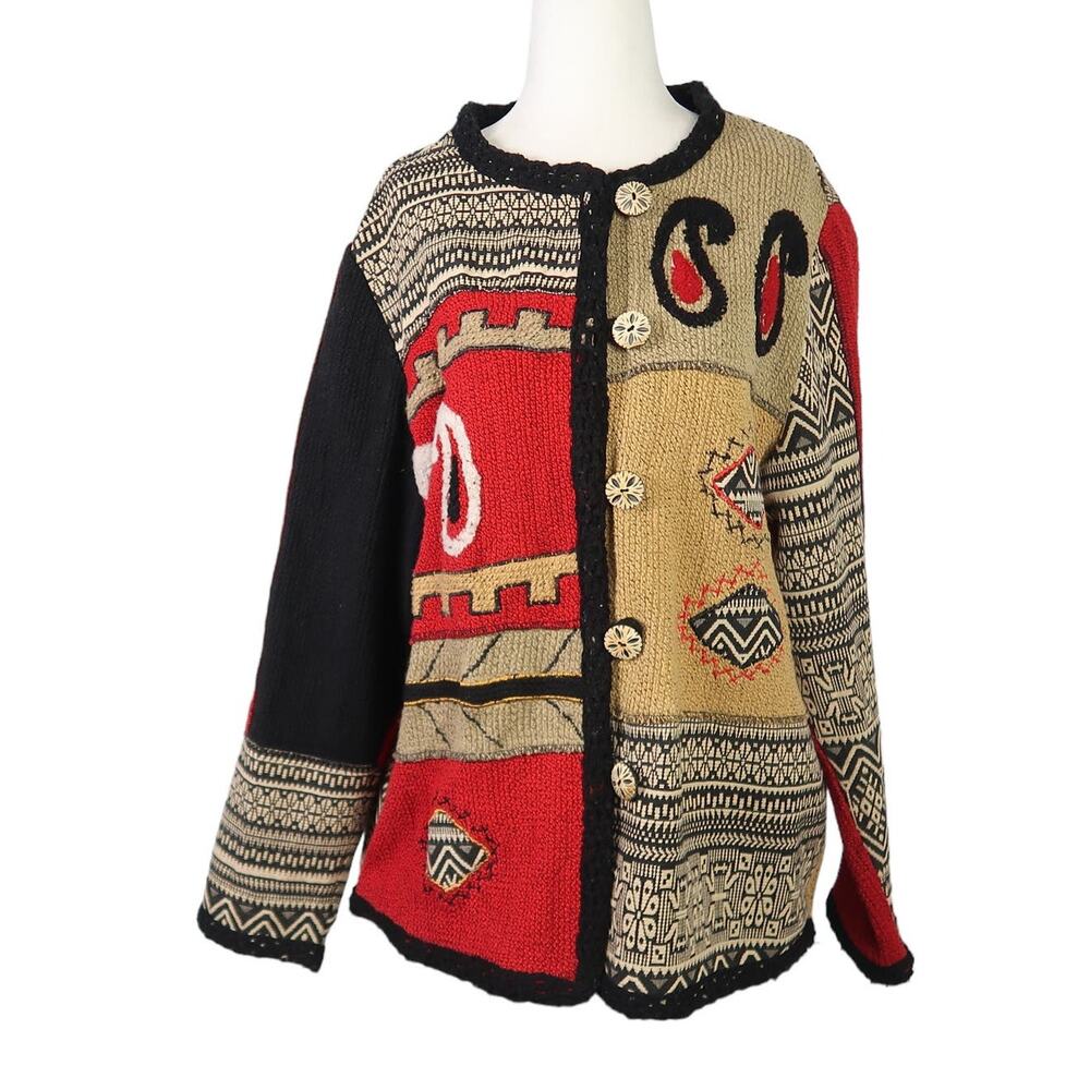 Vintage 90s Alex Kin black red tan paisley geometric print knit jacket L